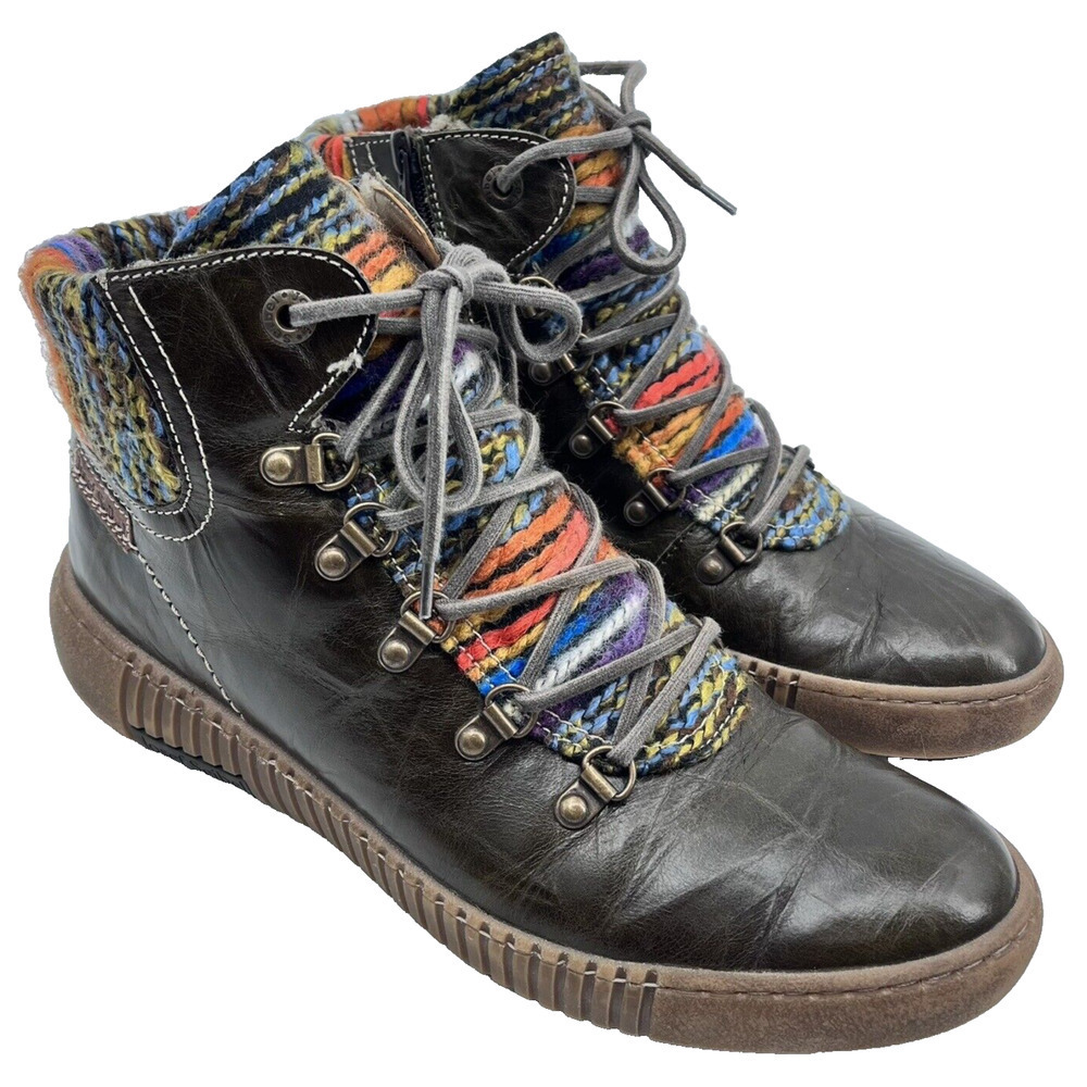 Josef Seibel Maren 06 Olive Leather Multicolor Knit Lace Up Boot Sneaker Size 41